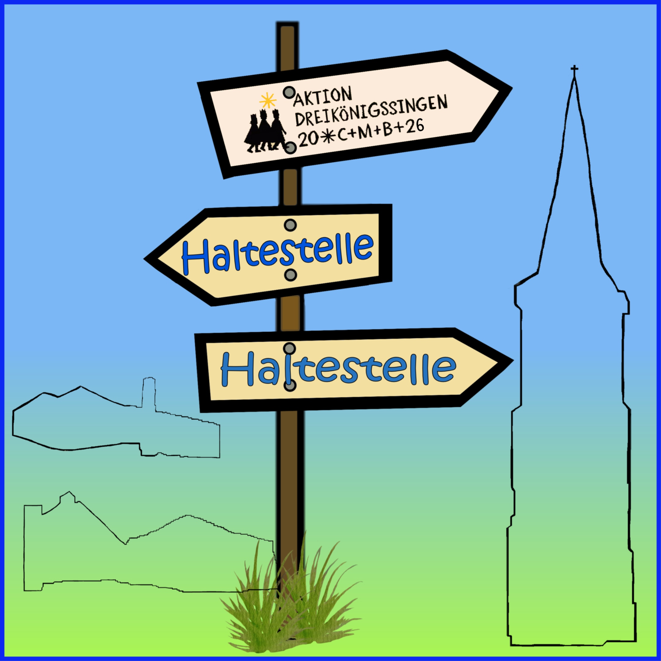 Hinweisschild zur Sternsingeraktion als Haltestelle, im Hintergrund die Silhouetten der drei Oppumer Kirchen (c) B. Hellmanns Hinweisschild zur Sternsingeraktion als Haltestelle, im Hintergrund die Silhouetten der drei Oppumer Kirchen